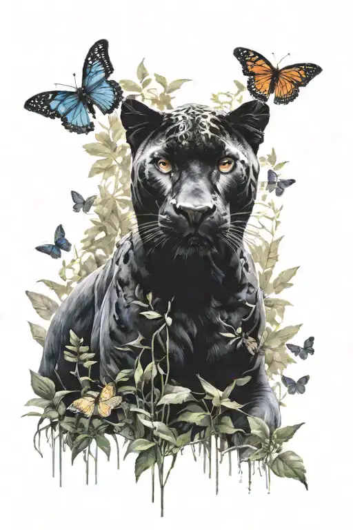 A Black Panther Sitting Down In Middle Of The Forest And Butterflies Flying Around Him