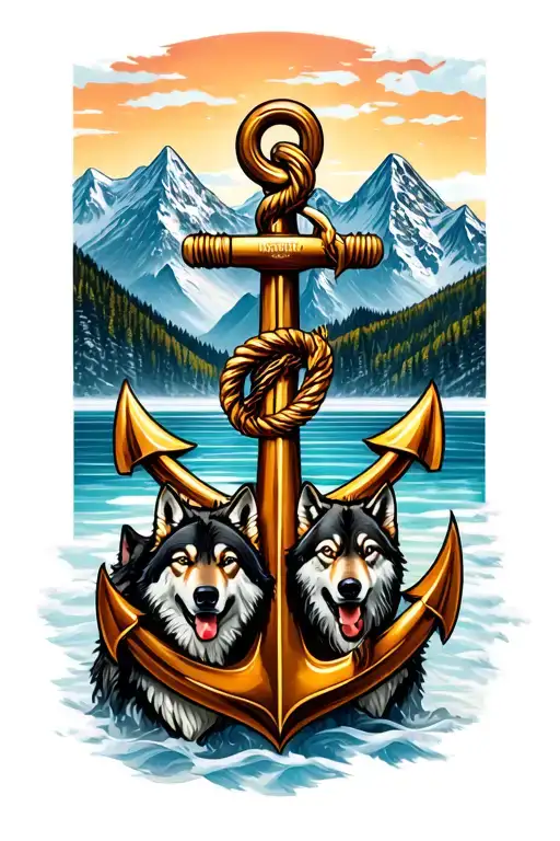 Anchor With 3 Mountain Peaks And A Wolf Pack