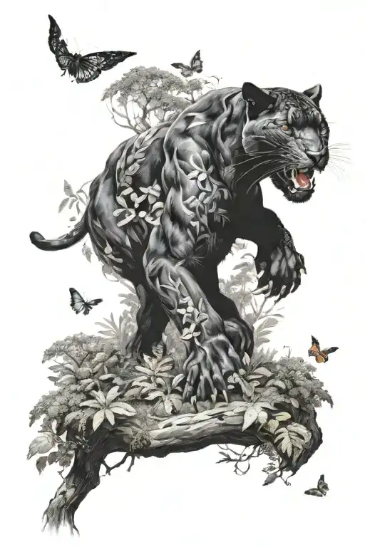 A Black Panther Sitting Down In Middle Of The Forest And Butterflies Flying Around Him