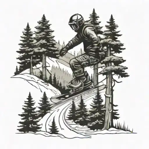 A Snowboarder Carving Through A Forest Of Pine Trees