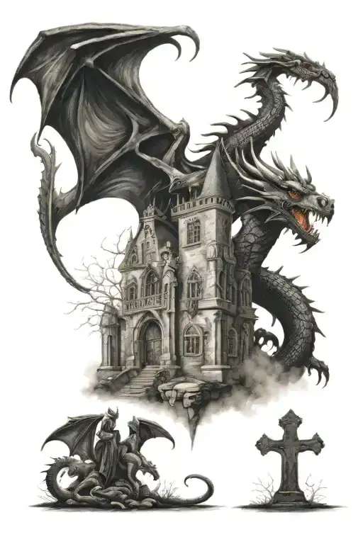 Dragon Guarding A Castle With A Gothic Cemetery Behind Gothic Gates On The Fire Ground