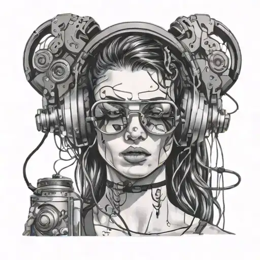 Cyberpunk Woman Tattoos Headphones Rave Music Cables Sexy Sunglasses