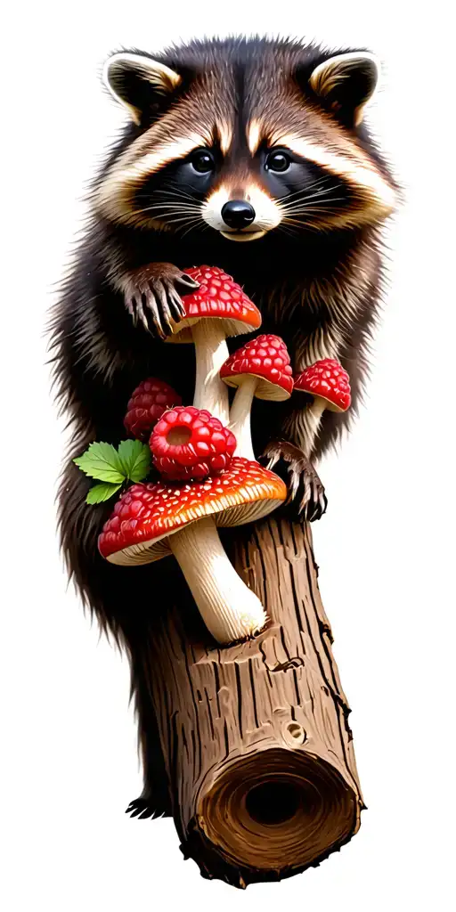 Raccoon On Log With Mushrooms And Wild Raspberries