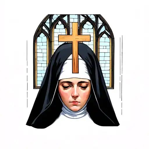 An Upside Down Cross Going Through The Head Of A Nun With Church Windows In The Background