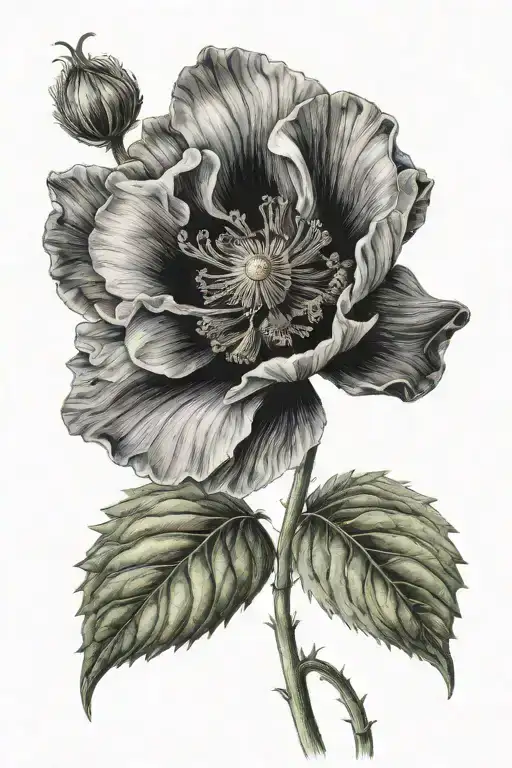 Opium Poppy Flower With Stem And Leaves