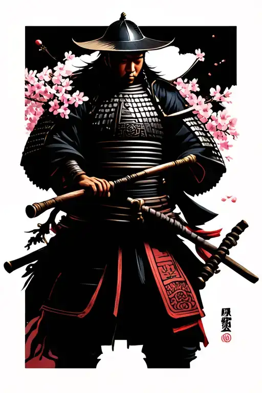 Cherry Blossom Tree With Samurai