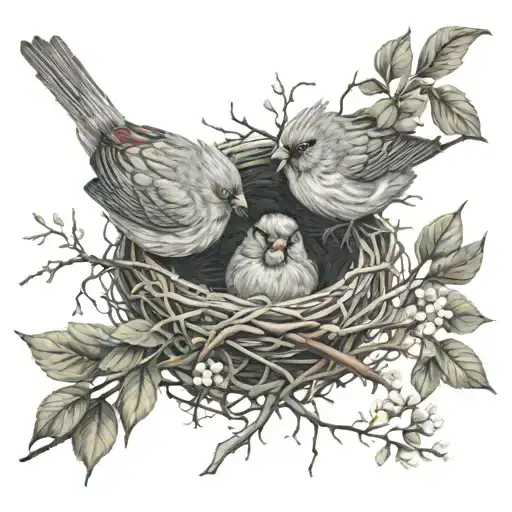 Male & Female Cardinals In A Nest With Branches & Flowers