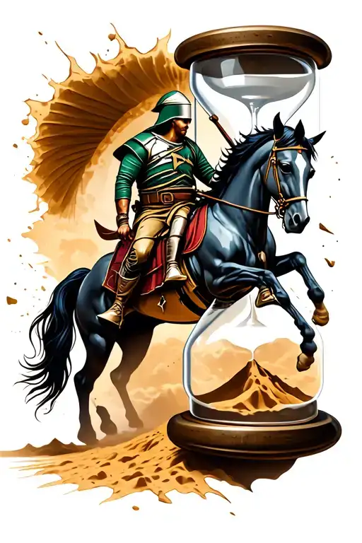Broken Hour Glass With Sand Pouring Out Transitioning Into A Spartan Soldier On A Horse