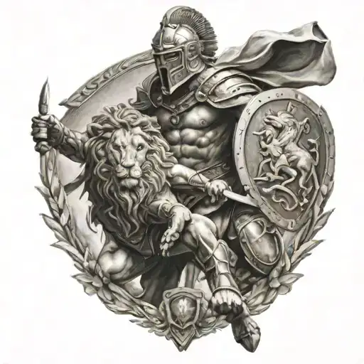 Gladiator With A Shield And Helmet Over A Lion Roaring