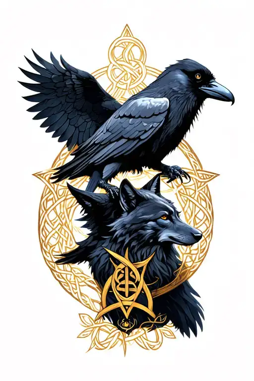 Celtic Pagan Symbols With A Raven And Wolf Full Shoulder To Elbow