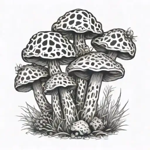 A Realistic Blackwork Tattoo Of A Cluster Of Morel Mushrooms Growing In A Natural Setting