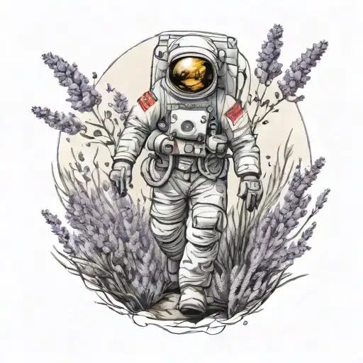 Astronaut Walking In A Field Of Lavender Flower