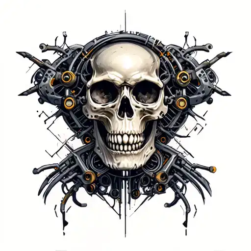 Bio Mechanical Skull Tattoo Design Featuring