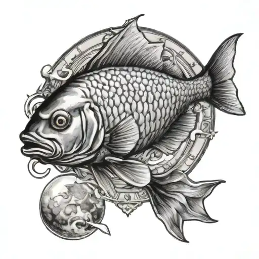Tarot Card Pisces Fish With Moon Background Black