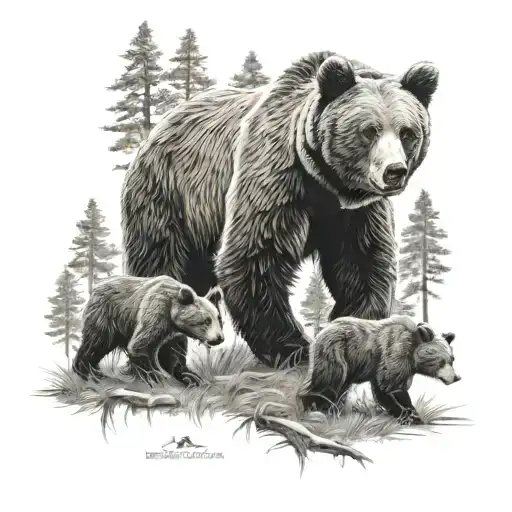 Bear And 2 Cubs Walking In The Forest