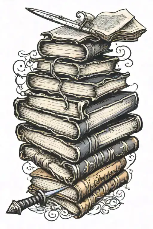 Books Stacked With Top Book Open And Sword Going Through And Magic Coming Out