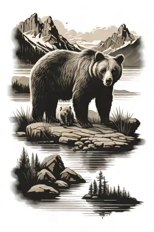 Mama Bear And Cub With Lake And Mountains In The Background