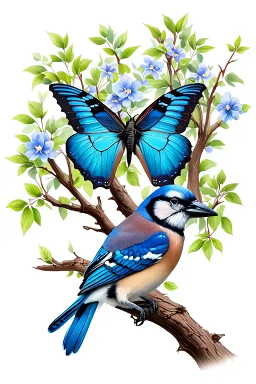 Butterfly And Blue Jay Both On A Tree