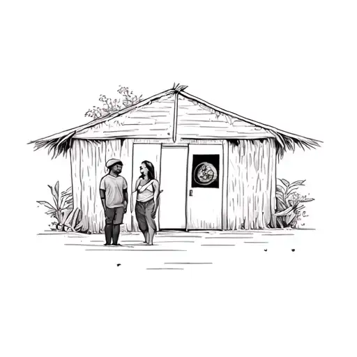 Two People Standing In Front Of A Hut
