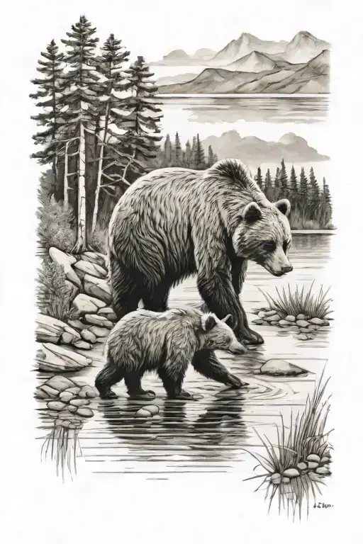 Mama Bear And Cub Walking On Lake