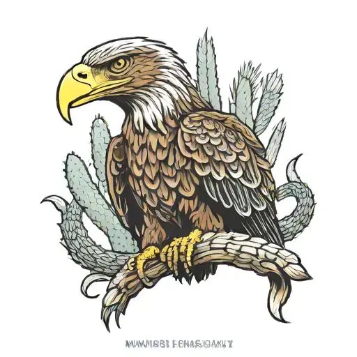 Mexican Brown Eagle With Snake In Its Mouth Standing On Cactus American Bald Eagle Flying Above