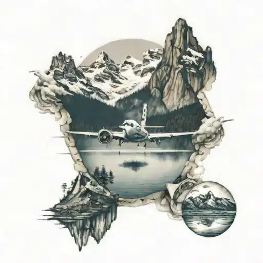 A Plane On Floats Flying Over A Lake With A Backdrop Of A Mountain Range