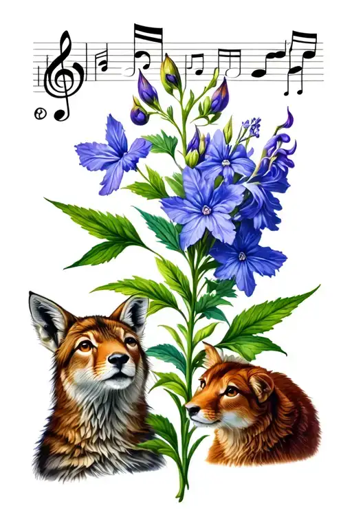 Larkspur Flower Intertwined With Animals And Music Notes