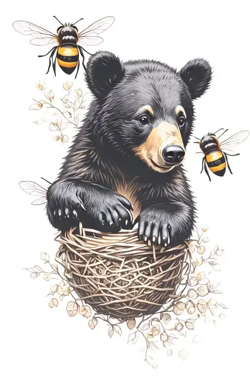 Black Bear Cub Holding Honey Nest With Bees