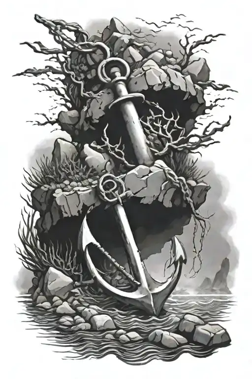 Sunken Anchor Stuch In Rocks At The Bottom Of The Ocean Black And Grey