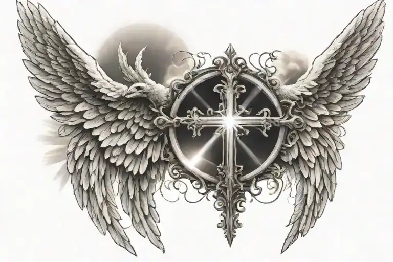 Angel Wings And Cross With Sun Rays Coming Out Of It And Fear God On Too