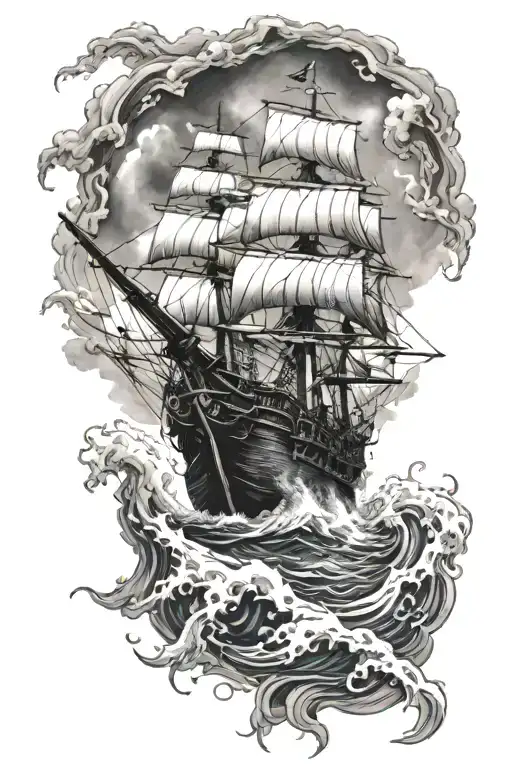 Pirate Ship Sailing Through Stormy