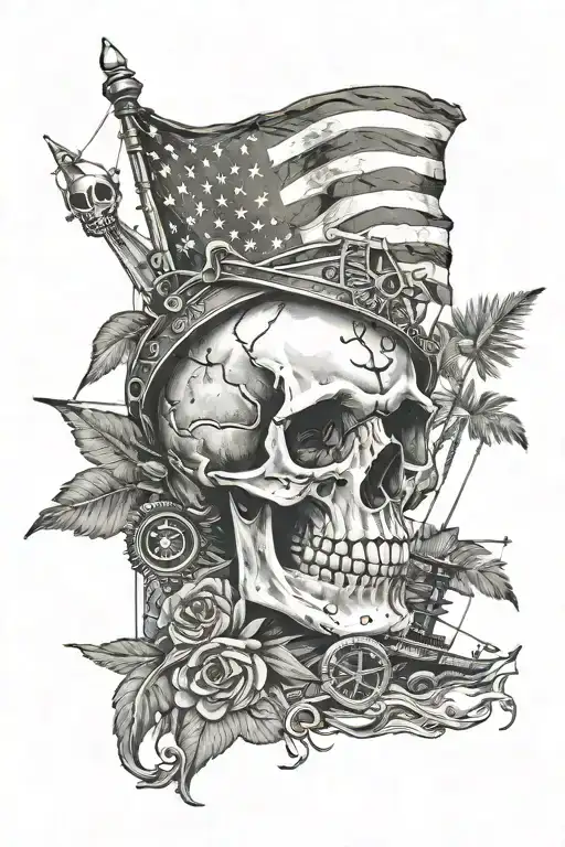 Skull With American Flag In The Background And Ship With Caribbean Islands