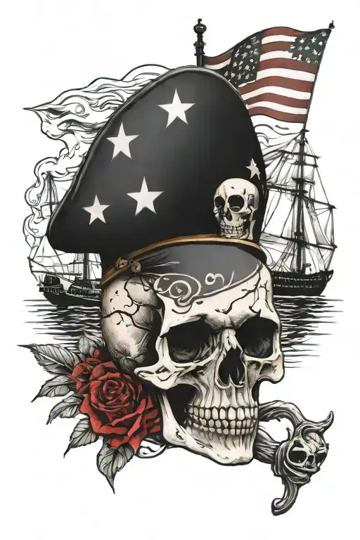 Skull With American Flag In The Background And Ship With Caribbean Islands And Fade And Water