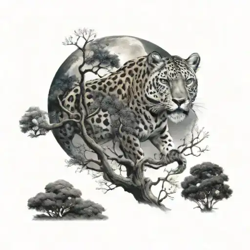 A Mystical Moonlit Forest With Hidden Jaguars Amongst The Trees