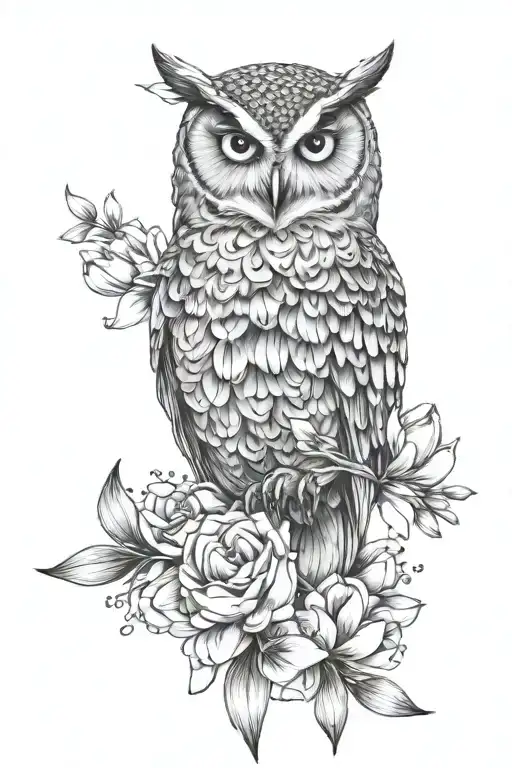 Owl With No Geometric Surrounded By Cosmo Flower And Gladiolus Flower