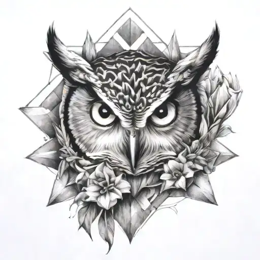 Owl Face With No Geometric Surrounded By Cosmo Flower And Gladiolus Flower