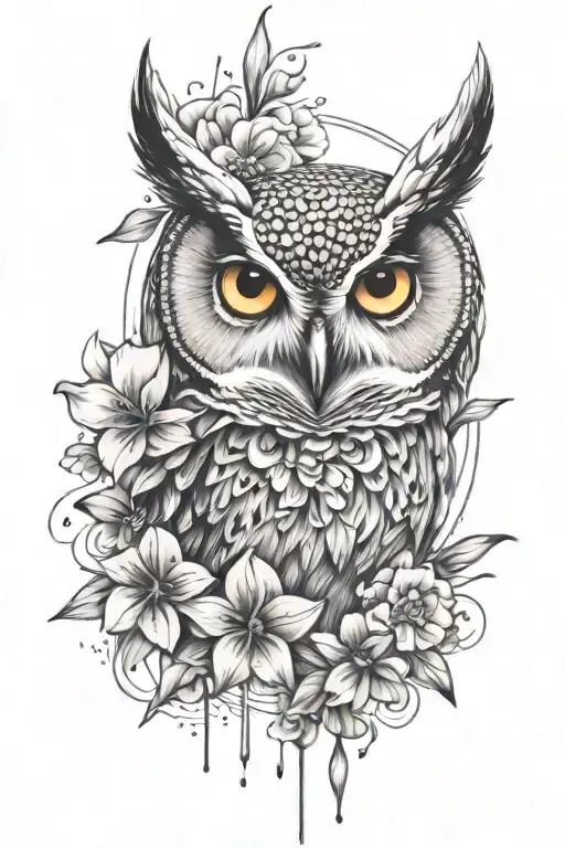 Owl Face With No Geometric Surrounded By Cosmo Flower And Gladiolus Flower