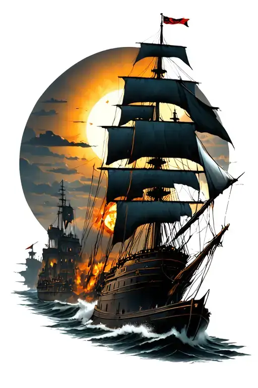 Ruined City With A Sun And Ships At War