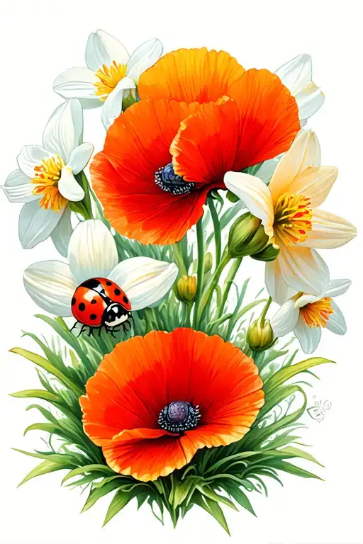 Ladybug With Poppy And Paperwhite Narcissus Flower