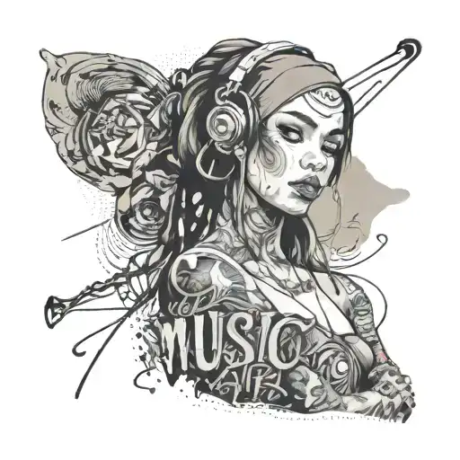 Sensual Woman On Hip Hop Background With Tattoos On Her Face Saying Music