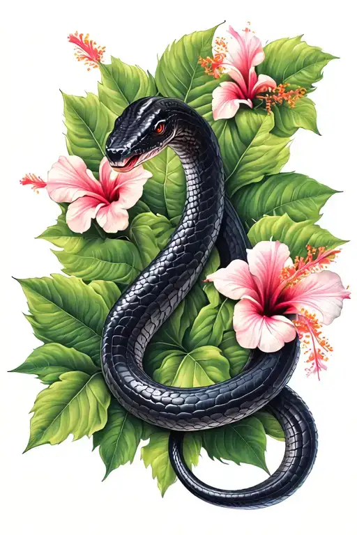 Black Mamba Coiled In Between Hibiscus Leaves