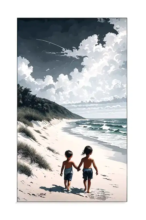 Beach With Large Dune One Side And A Ocean On The Other With Two Kids Walking Away Holding Hands