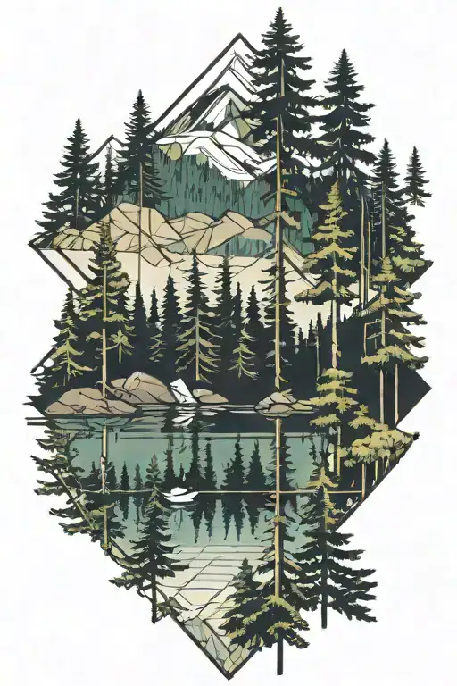 Lush Forest Of Tall Fir Trees With A Lake And Superimposed On Geometric Lines