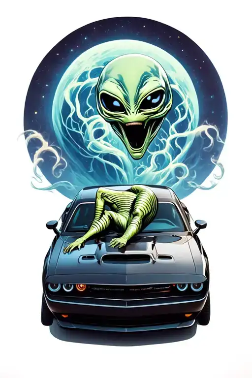 An Alien Lies On The Roof Of A Black Dodge Challenger Car