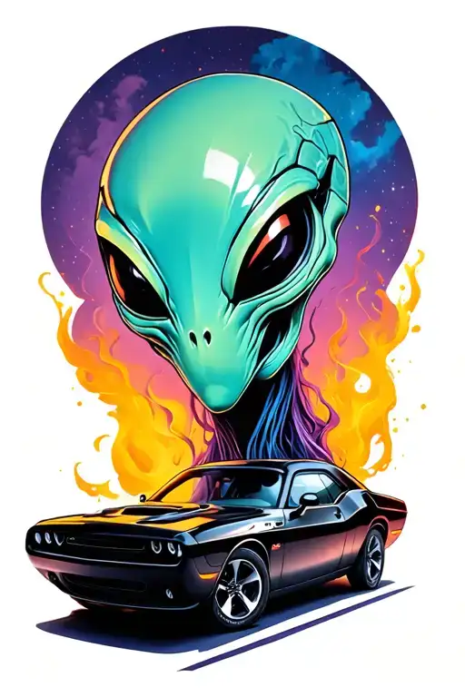 An Alien Drives A Black Dodge Challenger Car
