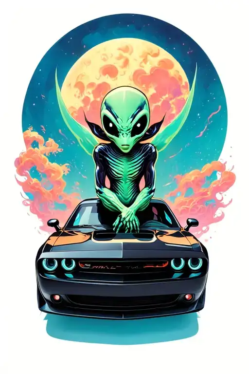 An Alien Sitting Inside Of A Black Dodge Challenger Car