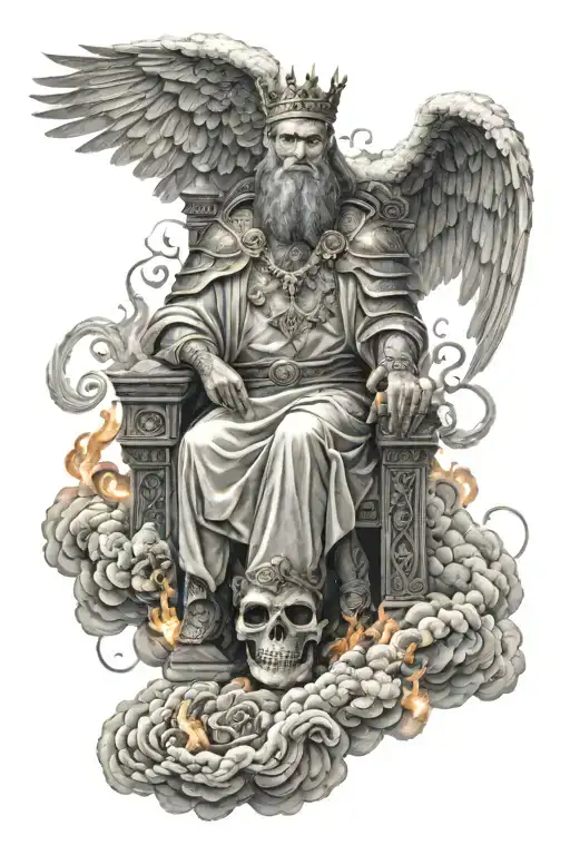 King Of Kings Sitting On Throne Of Cloud And Fire Surrounded By Flying Angels In Half Sleeve