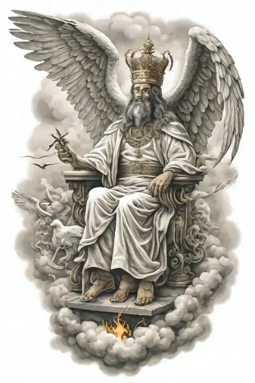 King Of Kings Sitting On Throne Of Cloud And Fire Surrounded By Flying Angels In Half Sleeve