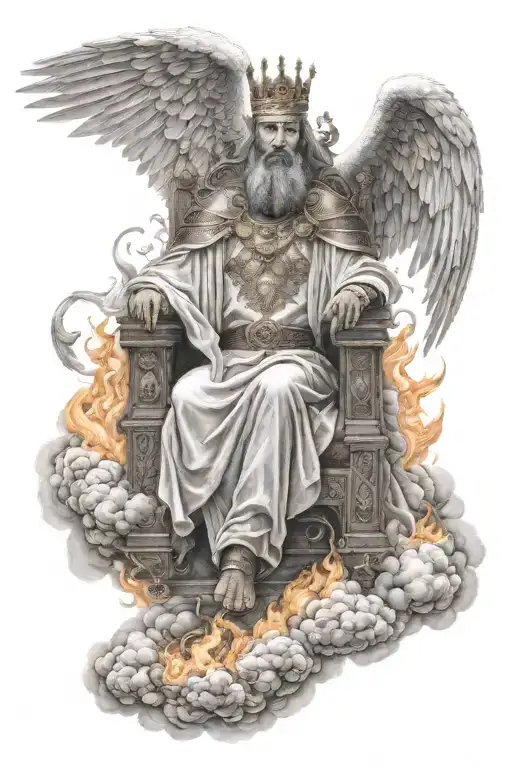 King Of Kings Sitting On Throne Of Cloud And Fire Surrounded By Flying Angels In Half Sleeve