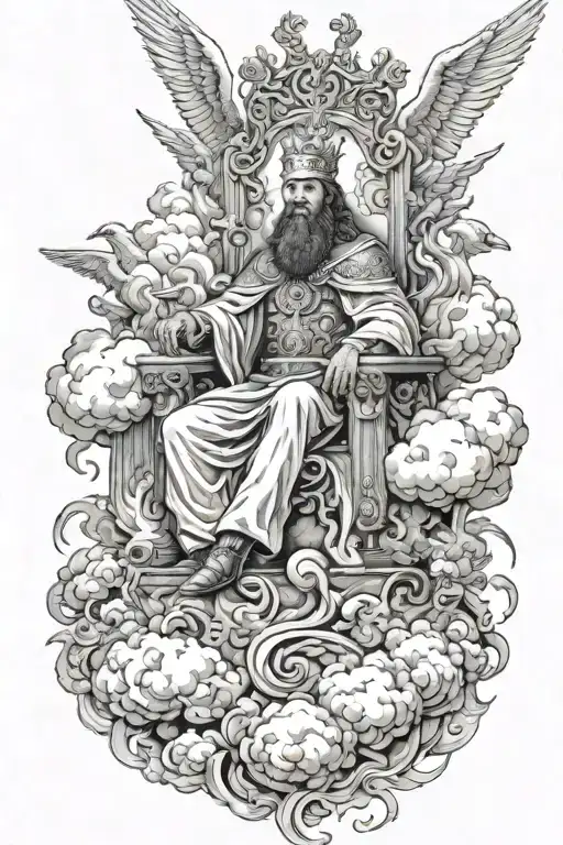 King Of Kings Sitting On Throne Of Cloud And Fire Surrounded By Flying Angels